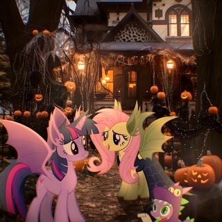 three ponies in front of a house with pumpkins on the ground and trees Halloween Pony Halloween Mlp Pfp, Twilight Sparkle Halloween, Mlp Halloween Matching Pfp, dark slate gray