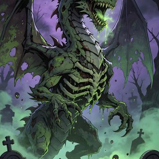 a green dragon with glowing eyes standing in front of tombstones and graves at night Halloween Dragon dark slate gray