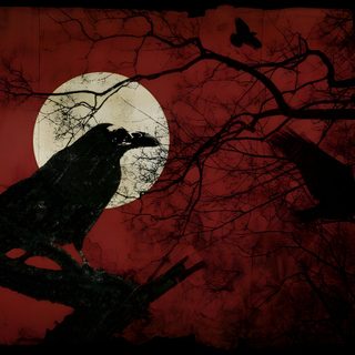 a black bird sitting on top of a tree branch in front of a full moon Dark Halloween Desktop Red Crow, Raven Artwork, Laptop, Red Goth, Red And Black, Red Gothic,