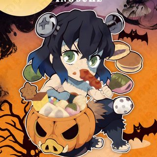 an anime character holding a pumpkin in front of a full moon Inosuke Halloween Anime Halloween, Manga Plus, Halloween 2019, Halloween Icons, Anime Angel, sienna