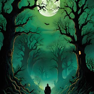 a painting of a man walking through a forest at night with pumpkins on the ground Green Halloween Dark Green Halloween, Spooky Green Halloween, Full Moon Halloween, dark slate gray