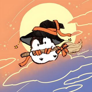 a penguin flying in the sky with a witch hat on Penguin Halloween Christmas Penguin Pfp, Penguin Fall Gif, Halloween Penguin Pfp, dark salmon