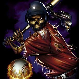 a painting of a baseball player holding a bat and ball in his hand with flames coming out of it Baseball Halloween Skull With Baseball Bats, Baseball Skull Tattoo, Freddy Vs Jason Images, black