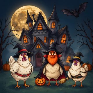 three chickens dressed as witches in front of a halloween house Halloween Chicken dark slate gray