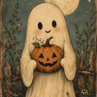 a painting of a ghost holding a pumpkin Rustic Halloween Photo Halloween, Halloween Labels Printable, Happy Halloween Pictures, dark olive green