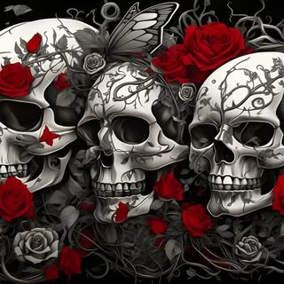 three skulls with red roses and butterflies on their heads, all in different colors scheme Halloween Skull For Desktop Skull Roses, Skull Laptop, Skull Cover Photo, Skull Facebook Cover Photos, black