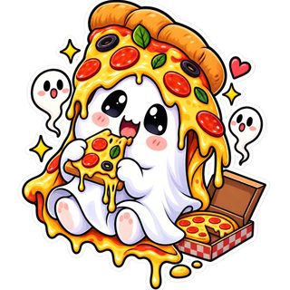 a cartoon character eating a slice of pizza with sprinkles and ghost faces Halloween Pizza Cartoon snow