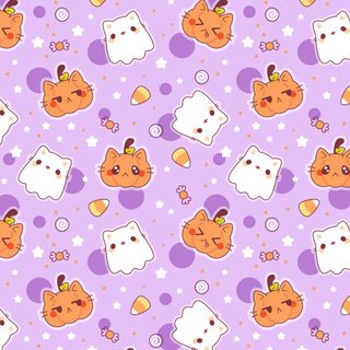 a purple background with cats and clouds on it Pastel Kawaii Halloween Halloween Seamless Patterns, Halloween Cute Background, Cute Ghost And Star Pattern, thistle
