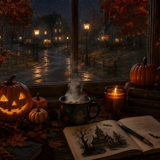 an open book sitting on top of a table next to candles and pumpkins in front of a window Halloween Ambience Profile Picture, Halloween, black