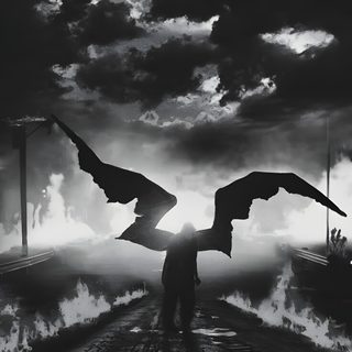 a person standing in the middle of a road with two large birds flying over them Halloween Billie Eilish Jenny Rivera, You Are My Moon, Black And White, dark slate gray