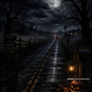 a dark road with two pumpkins on the side and a full moon in the background Halloween Road black