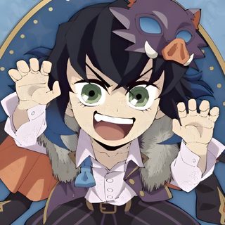 an anime character with big green eyes holding his hands up in front of the camera Inosuke Halloween Demon Slayer Inosuke Cute, Inosuke Pumpkin, Demon Slayer Halloween Inosuke, dim gray