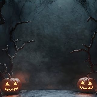 two carved pumpkins sitting on top of a wooden table in front of some trees Halloween Podium Spooky Background, Halloween Hocus Pocus, Glow Pumpkin, Halloween Backdrop, dark slate gray