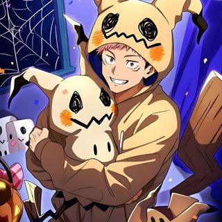 a man holding a dog in his arms with halloween decorations on the wall behind him Jujutsu Kaisen Halloween Gojo Yuji Megumi, Sukuna Tomodachi Life, Mimikyu Fanart, dim gray