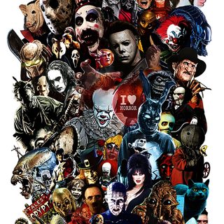 a collage of many different types of halloween characters Halloween Horror Characters dark olive green