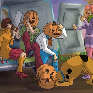 cartoon characters sitting in front of a van with pumpkins on their faces and dogs around them Scooby Doo Halloween 1920x1080 Scooby Doo Fall, Scooby Doo Halloween Art, Scooby Doo Halloween, dark olive green