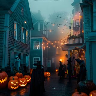 a group of people dressed in halloween costumes walking down a street with pumpkins on the ground Salem Halloween Aesthetic Salem Witch Town In October, Salem During Halloween, Halloween In Salem Massachusetts, dark slate gray