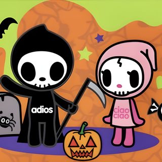 two cartoon characters standing next to each other in front of tombstones and pumpkins Tokidoki Halloween Couple Duos Characters, Tokidoki Matching Pfp, Adios And Ciao Ciao Matching Pfp, peru