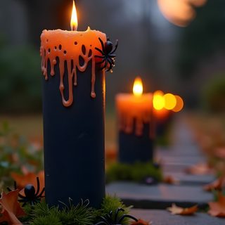 two candles are sitting on the ground with orange and black drips coming out of them Halloween Candle dark slate gray