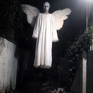 an angel statue in the middle of a dark alleyway with light shining on it Halloween Angel Scary Angels, Creepy Angel, Fallen Angel Art, Angel Halloween Costumes, black