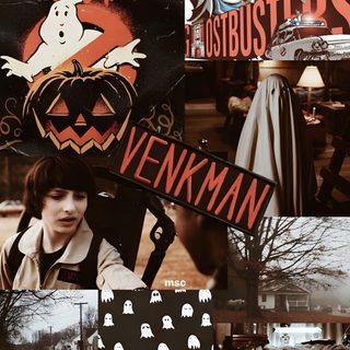 the collage has many different pictures and words on it, including ghostbusters Stranger Things Halloween Halloween Stranger Things, Stranger Things Fall, Stranger Things Halloween, dark slate gray