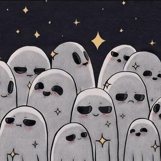 a group of ghost like people standing in front of stars Cute Ghost Halloween Desktop Ghost Aesthetic Laptop, Ghost Desktop Aesthetic, Ghost Computer, gray