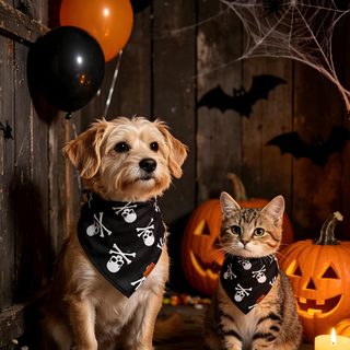 a dog and cat sitting next to each other in front of pumpkins with balloons Cute Dog And Cat Halloween black