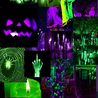 a collage of halloween images with green and purple lights Purple And Green Halloween Neon Aesthetic Halloween, Spooky Neon Halloween, Glowing Neon Halloween, black