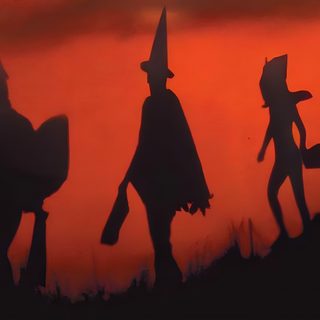 the silhouettes of three scarecrows against an orange sky Halloween 3 Season Of The Witch Halloween Movie Stills, Halloween Witch Movie, Season Of The Witch Movie, saddle brown