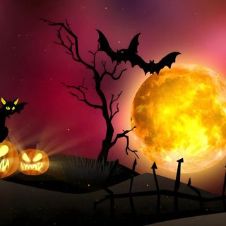 two pumpkins with bats on them in front of a full moon and some trees Halloween Gif Halloween Background 1920x1080, Halloween Laptop Gif, Halloween Cemetery Background 4k, maroon