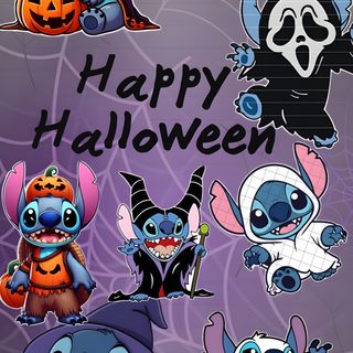 cartoon halloween characters with the words happy halloween Lock Screen Stitch Halloween Stitch Halloween Iphone, Halloween Lilo And Stitch, Lilo And Stitch Halloween, gray