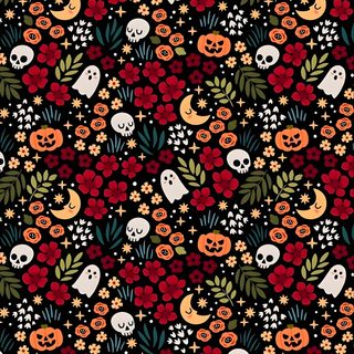 a halloween themed background with skulls, flowers and pumpkins in the dark night sky Applewatch Halloween Halloween Floral, Floral Halloween, Halloween Flower Background, Halloween Flower, black
