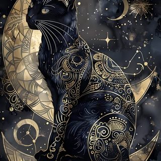 a black cat sitting on the moon with stars and crescents in the night sky Black Cat Diamonds For Halloween In Mystical Cat Drawing, Black Cat With Intricate Designs, Gold And Black Cat Illustration, dark slate gray