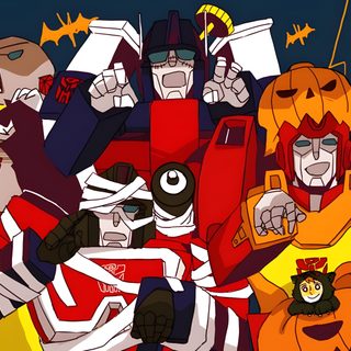 cartoon characters dressed up in halloween costumes with bats and pumpkins around them on a dark background Transformers Halloween Starscream Holiday Special, Autobot Medics, Christmas Transformers Pfp, brown