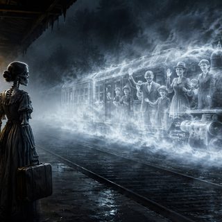 a woman standing in front of a train with steam pouring out of it's engine Halloween Ghost Train dark slate gray