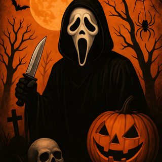 a painting of a skeleton holding a knife next to a jack - o'- lantern Halloween Characters Scary Photos, Ghostface Scream, Horror Characters, Halloween Pictures, black