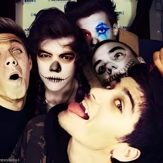 a group of people with their faces painted to look like they're from the addams One Direction Halloween One Direction Twilight, One Direction Batman, One Direction Lipstick, dark slate gray