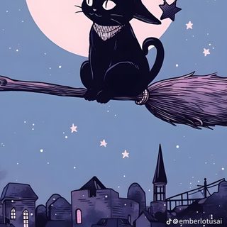 a black cat sitting on top of a broom in front of a city at night Anime Cat Halloween Acer Laptop Aesthetic, Cute Halloween Black Cat, Background Black Cat, dark slate blue