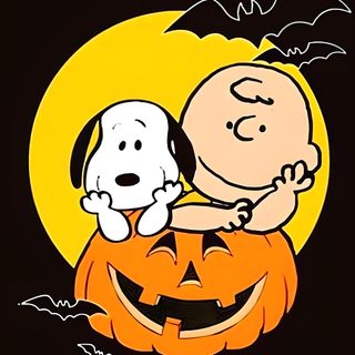 a cartoon character hugging a snoopy on top of a pumpkin Charlie Brown Halloween Halloween Painting Snoopy, Peanuts Characters Halloween, Snoopy Pumpkin Image, black