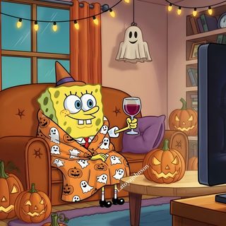 a cartoon character sitting on a couch in front of a tv with pumpkins around it Spongebob Squarepants Halloween Spongebob Pics, Halloween Cute, Spongebob, Spooky Scary, sienna