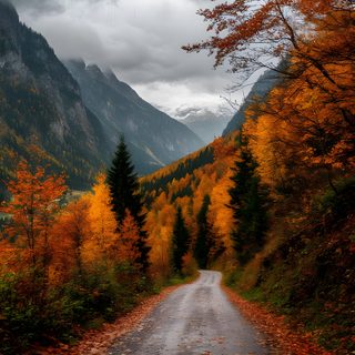 an empty road surrounded by trees and mountains Halloween Mountain Scenery Inspiration, Fall Storm, Autumnal Landscape, Fall Trees Forest, dark olive green