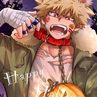 an anime character holding a pumpkin in his hand Bakugou Halloween My Hero Academia Halloween, Vampire Bakugo, Halloween Bakugou Fanart, gray