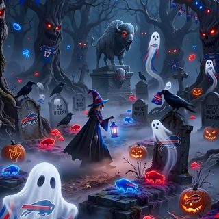 a halloween scene with ghostes and pumpkins Buffalo Bills Halloween Halloween, dark slate gray