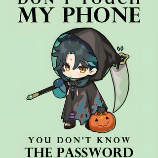 an image of a cartoon character holding a pumpkin with the caption don't touch my phone you don't know the password any way Halloween Genshin Genshin Apple Watch, Xiao Cute, Xiao Phone Background, Xiao Themed Phone, light gray