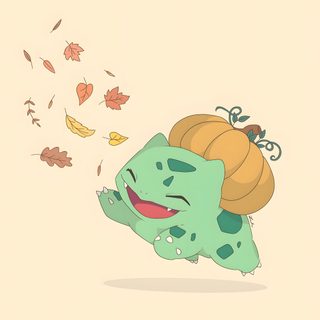 a cartoon character flying through the air with leaves falling from it's back and on his head Halloween Bulbasaur Halloween Bulbasaur, Bulbasaur Forest, Bulbasaur Attacking, blanched almond