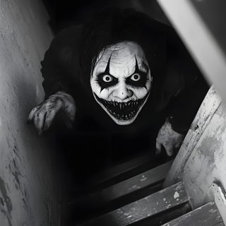 a scary clown is coming down the stairs in black and white photo with creepy expression on his face Show Me Halloween Backgrounds Scary, Scary Picture, Scariest, Horror Walpappers, black