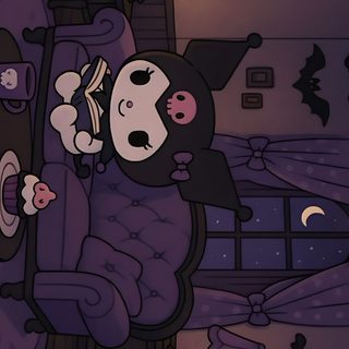 an animated image of a person sleeping in a bed with ghost decorations on the walls Desktop Kuromi Halloween Desktop Dark Aesthetic Iphone Purple, Kuromi Desktop Hd, Sanrio, dark slate gray