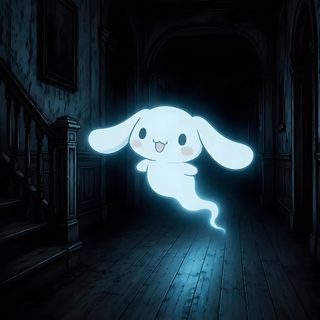 a white rabbit is glowing in the dark with its head turned to look like it's running Cinnamoroll Halloween black