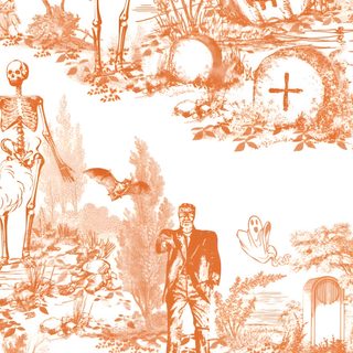 an orange and white halloween wallpaper with skeletons, skulls, tombstones and pumpkins Halloween Themed Bathroom Halloween Toile, Romantic Halloween Pattern Designs, Halloween Prints Art, antique white