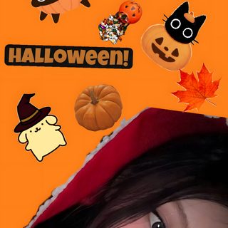 a girl wearing a red hoodie with halloween stickers all over her face and behind her head Kpop Halloween dark goldenrod